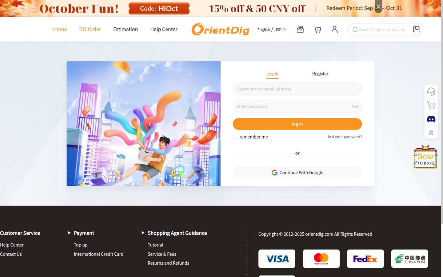OrientDig DIY Order a ouvert le login : Log in, Register, Continue With Google